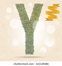 The letter Y. Bright floral element of stylish alphabet made leafs. Summer floral ABC element in vector on bright background with bokeh effect