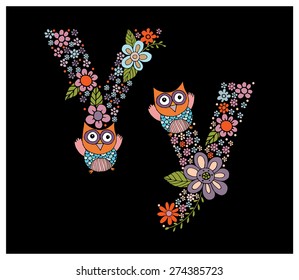 The letter Y. Bright floral element of colorful alphabet Owl, flowers, and twigs. floral ABC element in vector