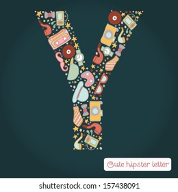 The letter Y. Bright hipster element of colorful alphabet made! Hipster ABC element in vector. Vector hipster glasses, camera, a tie, the player, hat, mustache, pipe.