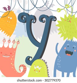 The letter Y. Bright illustration with cute cartoon monsters. Vector illustration.