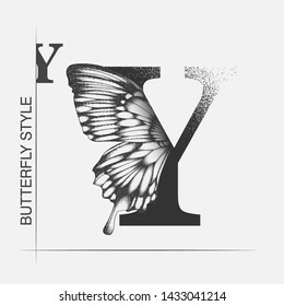 Letter Y with butterfly silhouette. Monarch wing butterfly logo template isolated on white background. Calligraphic hand drawn lettering design. Alphabet concept. Monogram vector illustration. EPS 10