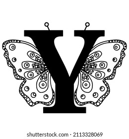 Letter Y with butterfly silhouette. Wings butterfly logo template isolated on white background. Calligraphic hand drawn lettering design. Alphabet concept. Monogram vector illustration.