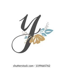 Letter Y. Capital hand drawn letter with colorful flowers and branches. Typography for invitation, cards, banner, poster or clothing design. Vector illustration