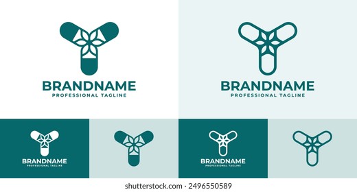 Logotipo de la hoja de la cápsula de la letra Y, conveniente para cualquier negocio relacionado con la farmacia