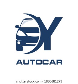Letter Y with car vector logo template.  Fonts for event, promo, logo, banner, monogram and poster. Alphabet label symbol for branding and identity.