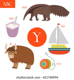 Letter Y. Cartoon alphabet for children. Yo-yo, yak, yacht, yogurt, yurumi. Vector illustration