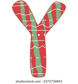 the letter Y, Christmas alphabet, red and green color with white line and dot, hand drawn, isolate on white background, letters xmas illustration