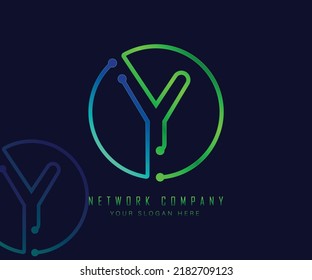 Letter Y in circle with network, technology and connection dot concept