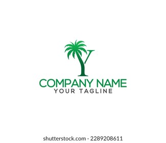 Letter Y with coconut and palm tree  logo design. Summer and beach tree unique vector illustration.
