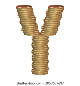 Letter Y of coins. Golden letters.Vector font style made of enormous amount of bitcoins. letter on white background. 