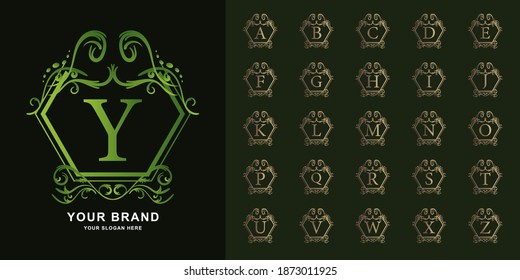 Letter Y or collection initial alphabet with luxury ornament floral frame golden logo template.