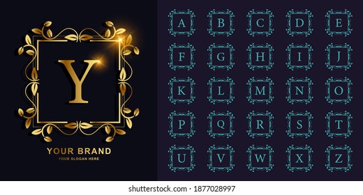 Letter Y or collection initial alphabet with luxury ornament floral frame golden logo template.