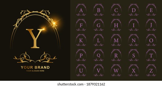 Letter Y or collection initial alphabet with luxury ornament floral frame golden logo template.