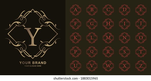 Buchstabe Y oder Anfangsalphabet mit luxuriösem Blumenrahmen und goldenem Logo-Vorlage für die Sammlung.