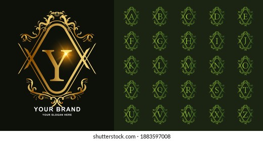 Letter Y or collection initial alphabet with luxury ornament floral frame golden logo template.