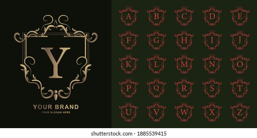 Letter Y or collection initial alphabet with luxury ornament floral frame golden logo template.