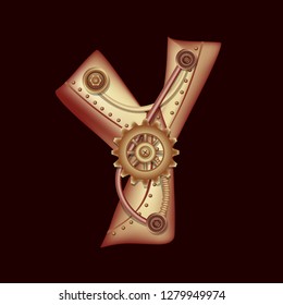Letter Y from the complete set of characters of the font. Symbol of the Latin alphabet and English language. Copper and brass fantasy mechanical steampunk construction with tubes, gears and rivets.