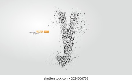 The letter y is composed of particles on gray background. Abstract vector font material.
