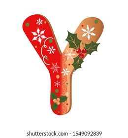 Letter Y cookie alphabet vector with Christmas flowers and snowflakes. Illustration Cookie letter