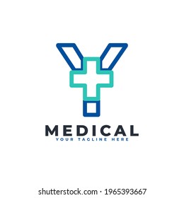 Letter Y cross plus logo. Linear Style. Usable for Business, Science, Healthcare, Medical, Hospital and Nature Logos.