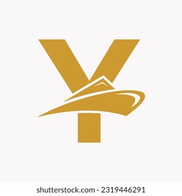 Letter Y Cruise Ship Logo Boat Icon. Yacht Symbol, Marine Logotype Vector Template