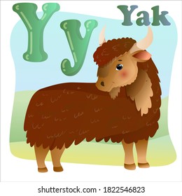 Letter Y  cute fluffy yak  kitschy shaggy bull calf  Fluffy cow drawn in cartoon style  Children's English alphabet  Vector illustration isolated white background