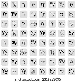 Letter Y in different fonts on white background. Type design collection on grey buttons. Vector illustration.