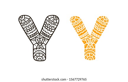 Letter Y with doodle patterns in hand drawing style isolated on white background. Coloring and illustration vector in lines. For inscriptions, naming, alphabet for children, initials.