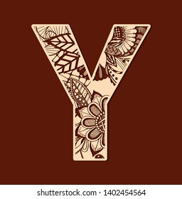 Letter Y from doodles. Initial monogram letter. Fancy floral stylized. Floral wooden Y letter font. Laser cut template. Filigree cutout pattern. Vector illustration.