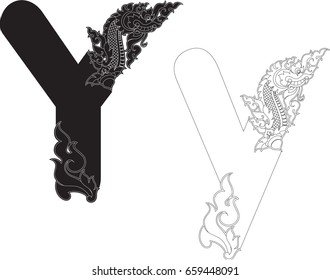 Letter Y, Doodles Swirl Tribal Tail and Head of Naga Alphabet (Dragon Monster Art Font) Vector Format/ Southeast Asia Art Style