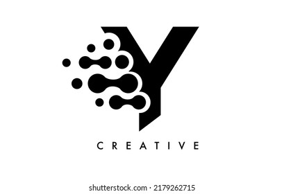 Letter Y Dots Logo Design with Black and White Colors on Black Background Vector. Bubbles Letter Logo Icon Vector Illustration