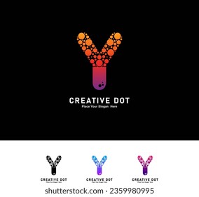 Letra Y con diseño vectorial de logotipo de puntos. Alfabeto vectorial Ilustración de un logotipo colorido con burbujas. Adecuado para negocios, tecnología, afiche, nombre inicial 