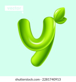 Letter Y eco logo with green leaves. 3D realistic and cartoon balloon style. Glossy vector illustration. Perfect for agriculture banners, vibrant adv, waste recycling art, healthy food packaging.