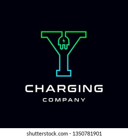 Letter Y Electric Plug vector logo template. Font with green and blue gradient graphic.  Technology background. This alphabet is suitable for energy, power, cable, wire, electrical, device, connect.