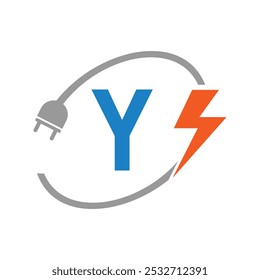 Letra Y Conceito de logotipo elétrico com plugue elétrico e símbolo de energia. Design de logotipo elétrico