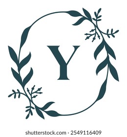 Letter Y In Elegant Floral Oval Frame. Leafy Christmas Wreath. Vector Illustration Isolated On White Background.