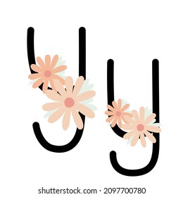 Letter Y of English, Latin alphabet uppercase, lowercase decorated with flowers, floral monogram vector illustration in simple boho style, flat pastel colored decorative lettering