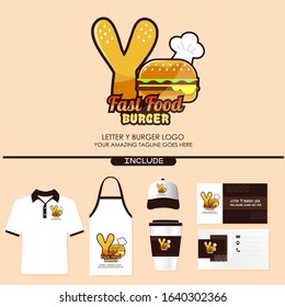Letter Y Fast Food Burger Logo Design for Brand Label Food and Menu Restaurant or Cafe with Chef’s Hat on Pink Background. With Brand Identity Include Shirt, Apron, Hat, Cup, Business Card