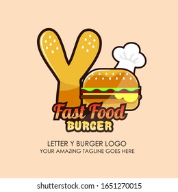 Letter Y Fast Food Burger Logo Design for Brand Label Food and Menu Restaurant or Cafe with Chef’s Hat on Pink Background. Lettering Vector illustration. Design Template Concept