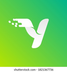 Letter Y fast speed logo with checkered pixels pattern on the gradient background. Flat vector design can be used for delivery ads, technology poster, sport identity, etc.