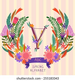 The letter Y. Floral hand drawn monogram made of flowers and leafs in vector. Spring floral ABC element in vector. Can be used for posters, cards, blogs, backgrounds and any  stylish designs