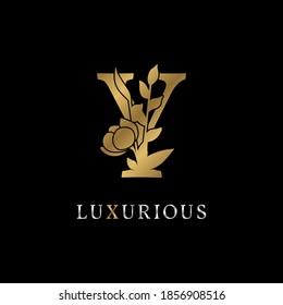 letter Y flower leaves decoration for wedding, beauty care logo, personal branding identity, make up artist or any other royal brand and company. luxurious gold and silver color sample in dummy text