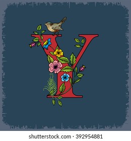 Letter Y with flowers and bird on a blue background, vector