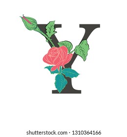 Letter Y with flowers. Composition of the letter and floral elements on a white background. Illustration in vintage style in pastel colors.