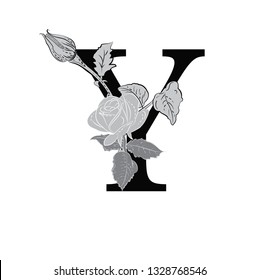 Letter Y with flowers. The composition of flowers and letters. Latin letter in monochrome retro style. Stylish decorative composition for a logo, signboard, banner, print.