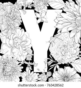 the letter Y with flowers drawing vector on black background