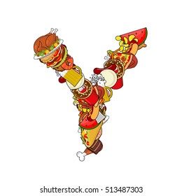 Letter Y food. Edible sign alphabet from pizza and hamburger. Feed template elements ABC. meat concept type as logo. tortilla and taco. Donuts and FAstfood. Hotdog and cookies. Pork and cake