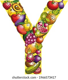 letter  Y. Fruit letters. Collage of colored fruits and vegetables on the letter of the alphabet