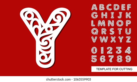 Letter Y. Full English alphabet and digits 0, 1, 2, 3, 4, 5, 6, 7, 8, 9. Lace letters and numbers. Template for laser cutting, wood carving, paper cut and printing. Vector illustration.