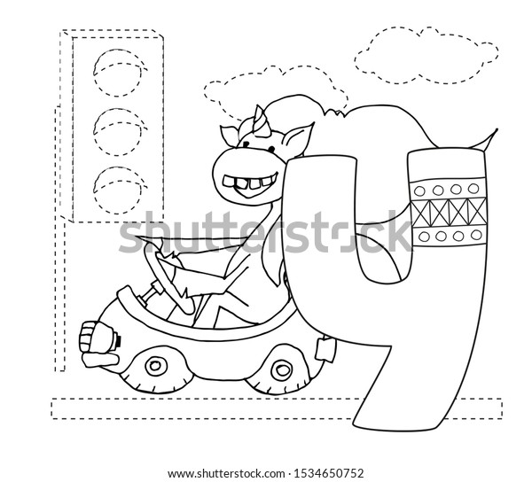 Letter Y and funny cartoon unicorn. Handwriting\
practice. Unicorns driving a car near a traffic light. Printable\
coloring page for kindergarten and preschool. Card for study\
English. Vector coloring\
b